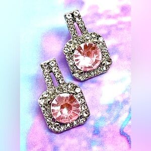 Pink Clear Crystal Rhinestone Art Deco Square Post Drop Earrings Dressy Holiday